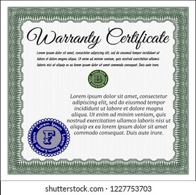 Green Retro Warranty template. With complex linear background. Money style design. Detailed. 