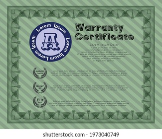 Green Retro Warranty template. Good design.  With guilloche pattern.  Customizable, Easy to edit and change colors. 