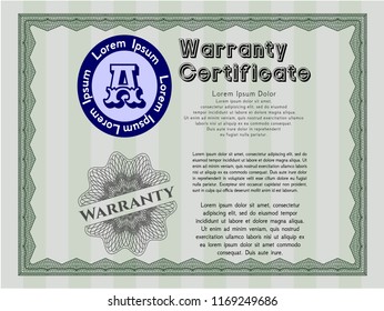Green Retro Warranty template. With great quality guilloche pattern. Customizable, Easy to edit and change colors. Modern design. 