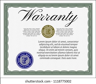 Green Retro Warranty template. With guilloche pattern. Money design. Vector illustration. 
