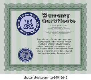 Green Retro Warranty template. Lovely design. With great quality guilloche pattern. Customizable, Easy to edit and change colors. 