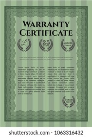 Green Retro Warranty template. Vector illustration. With guilloche pattern and background. Modern design. 