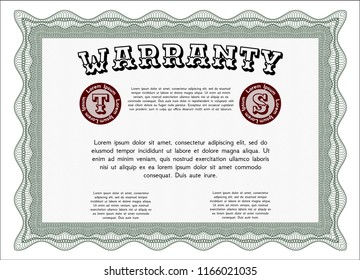 Green Retro Warranty template. Vector illustration. With guilloche pattern. Sophisticated design. 
