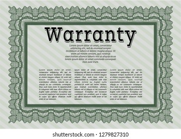 Green Retro Warranty template. Vector illustration. Easy to print. Money Pattern design. 