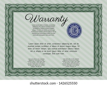 Green Retro Warranty template. Vector illustration. With complex linear background. Cordial design. 
