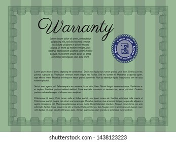Green Retro Warranty template. Vector illustration. With quality background. Money style design. 