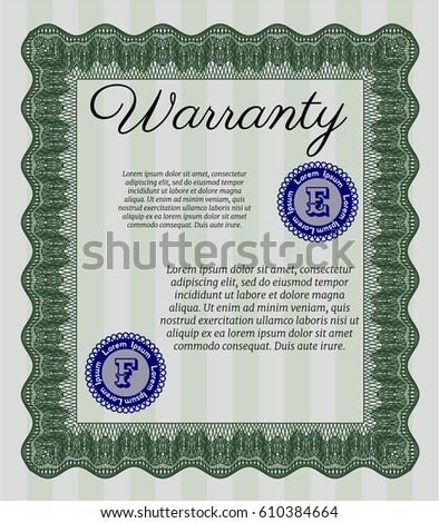 Green Retro Warranty template. Vector illustration. With great quality guilloche pattern. Perfect design. 
