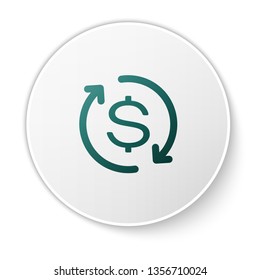 Green Return of investment icon isolated on white background. Money convert icon. Refund sign. Dollar converter concept. Green circle button. Vector Illustration