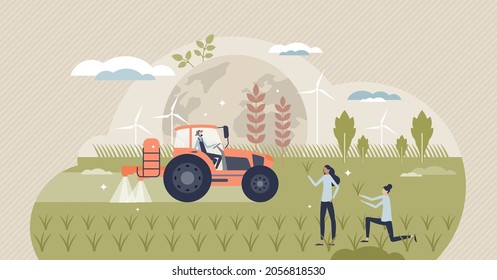 Green revolution and agriculture productivity increase tiny person concept. Grain crops production boost with irrigation, pesticides and fertilizers as effective method for harvest vector illustration