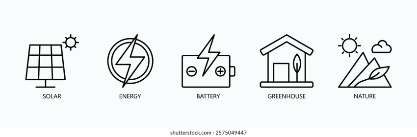 A Green Revolution Icon Set Isolated Vector With Icon Of Solar, Energy, Battery, Greenhouse, Nature In Outline Style