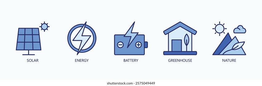 A Green Revolution Icon Set Isolated Vector With Icon Of Solar, Energy, Battery, Greenhouse, Nature In Blue Style