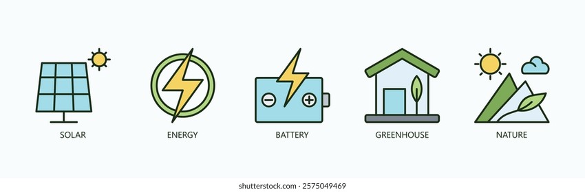 A Green Revolution Icon Set Isolated Vector With Icon Of Solar, Energy, Battery, Greenhouse, Nature In Outline Color Style