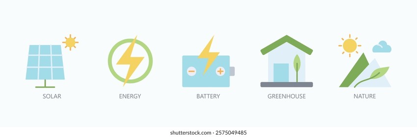 A Green Revolution Icon Set Isolated Vector With Icon Of Solar, Energy, Battery, Greenhouse, Nature In Flat Style