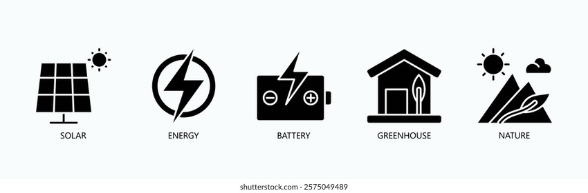 A Green Revolution Icon Set Isolated Vector With Icon Of Solar, Energy, Battery, Greenhouse, Nature In Glyph Style