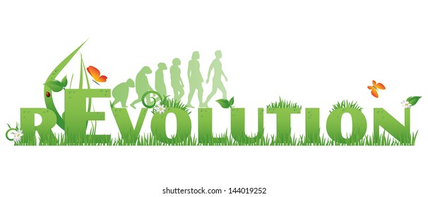 Green rEvolution/Revolution text decorated with,flowers,water drops, ladybug and ape to man silhouettes, isolated on white 