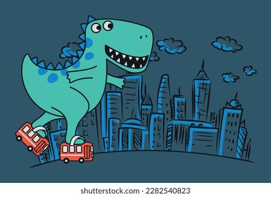 Green REX Dinosaur skating in the city on red buses
