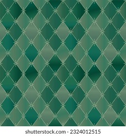 Green rhombuses with different gradients and golden lines and stars seamless pattern