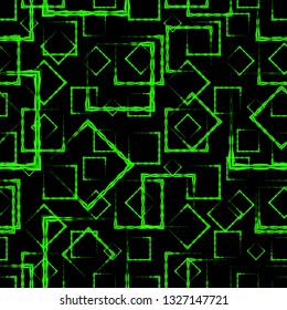 A lot of green rhombuses and squares in chaos on a black background. Bright abstract pattern of geometric carved and fancy shapes.