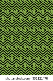 Green rhythmic vector endless pattern with zigzag black lines, vivid continuous creative textile, geometric motif background with rhombs.