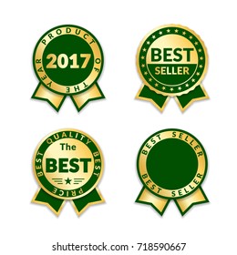 Green ribbon awards best seller label set. Gold ribbon award icons isolated white background. Best quality design for badge, medal, best price, certificate guarantee product Vector illustration