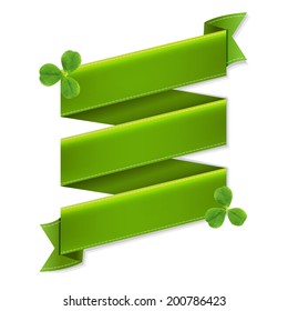 Green Ribbon Banner With Leaves, With Gradient Mesh, Vector Illustration