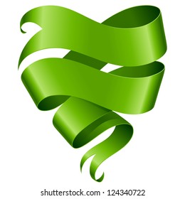 Green Ribbon Banner In The Shape Of Heart Isolated On White Background