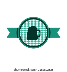 Green ribbon with beer in mug symbol. Oktoberfest or pub sticker. Vector
