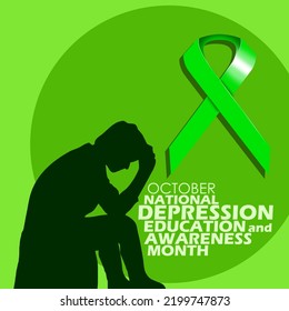 Green Ribbon And Bold Text With Illustration Of A Depressed Person On A Green Background, National Depression Education And Awareness Month On October