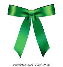 Green ribbon bow decorative element. Isolated shiny ribbon green color mockup for Christmas, New year, Birthday, Saint Patrick's Day, Wedding, Holiday or Event decoration. Realistic illustration.