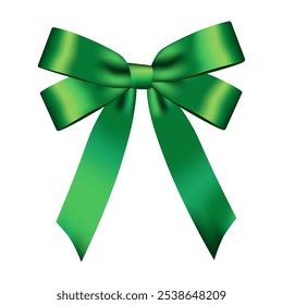 Green ribbon bow decorative element. Isolated shiny green coquette ribbon mockup for Christmas, New year, Birthday, Saint Patrick's Day, Wedding, Holiday or Event decoration. Realistic illustration.