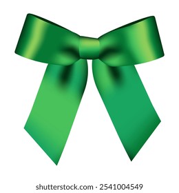 Green ribbon bow decorative element. Isolated shiny green coquette ribbon mockup for Christmas, New year, Birthday, Saint Patrick's Day, Wedding, Holiday or Event decoration. Realistic illustration.