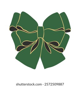 Green ribbon bow for gift wrapping flat vector illustration. Hand-drawn bow knot for Christmas, Valentine's Day, New Year, holiday celebration, birthday gift box, card, party decorations.