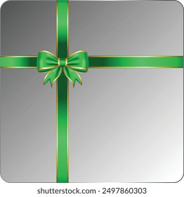 Green ribbon bow has gold trim with gift box top view illustration	