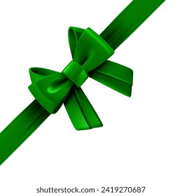 Green ribbon with bow on the box. Design trmplate. 3d vector illustration