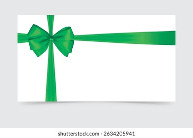 Green ribbon and bow on a white background, elegant gift decoration for celebrations or greeting cards.