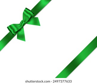 Green Ribbon Bow Realistic shiny satin with shadow place on corner of paper for decorate your Christmas card ,greeting card , certificate or gift boxes vector EPS10 isolated on transparent background.