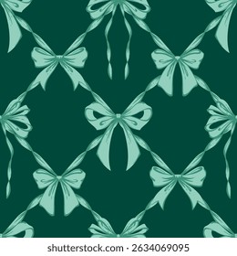 Green Ribbon Bows Lattice Seamless Pattern. Coquette, Vintage and Christmas checkered pattern with bows. Retro background for feminine projects, wrapping paper, textiles, and seasonal designs