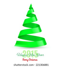 Green ribbon Christmas tree on white background. Greeting card 2015