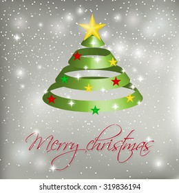 Green ribbon Christmas tree on silver background with snowballs, stars and snowflakes. Vector illustration for poster, web, greeting card.