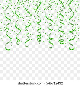 Green ribbon curly confetti. Color serpentine on transparent background. Colorful streamers. Decoration party, birthday, Christmas, New Year celebration, anniversary, carnival Vector illustration