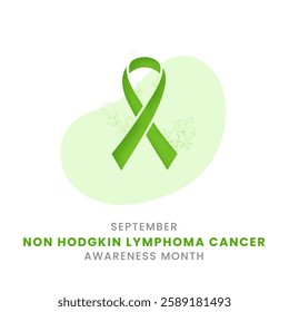 Green ribbon with flower awareness graphic for International Non Hodgkin Lymphoma Cancer Awareness Month banner.
