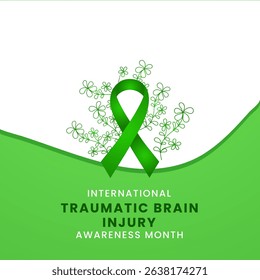 Green ribbon with flower awareness graphic for International Traumatic brain injury Awareness Month.