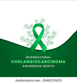 Green ribbon with flower awareness graphic for International cholangiocarcinoma Awareness Month.