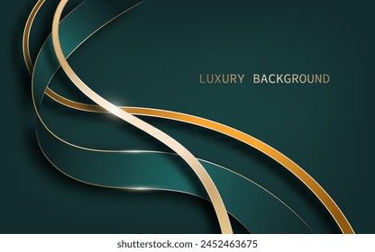 Green ribbon and gold line elements. Modern abstract background. Luxurious style. Vector illustration
