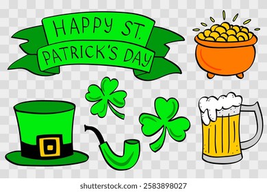 Green ribbon with "Happy St. Patrick's Day" text, accompanied by a leprechaun's hat with a black band and gold buckle, two shamrocks, a green pipe, a frothy mug of beer, and an orange pot