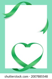 Green Ribbon Heart Shape Mock-Up for A4 size Banner Valentine's Day, Greeting card pastel color, Gift Voucher and Certificate Background, copy space