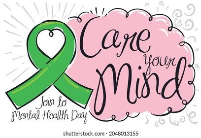 Green ribbon with heart shape and speech bubble like brain, promoting mind care during Mental Health Day celebration.