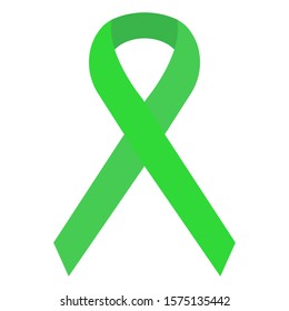 Green ribbon isolated on white background. Symbol of cerebral palsy, Lyme disease, organ transplantation and donation. Sign of kidney cancer, pedestrian safety and mental health. Vector illustration.