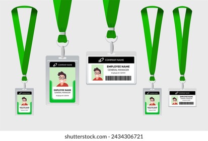 Green ribbon lanyard design. Name badge lanyard with plastic labels. Place for branding design. Vector illustration of lanyard.