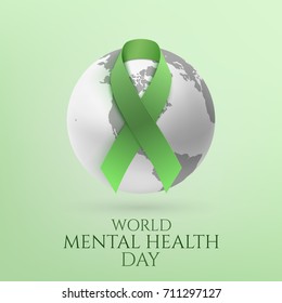 Green Ribbon With Monochrome Earth Icon Isolated On Green Background. World Mental Health Day Poster Or Brochure Template. Vector Illustration.